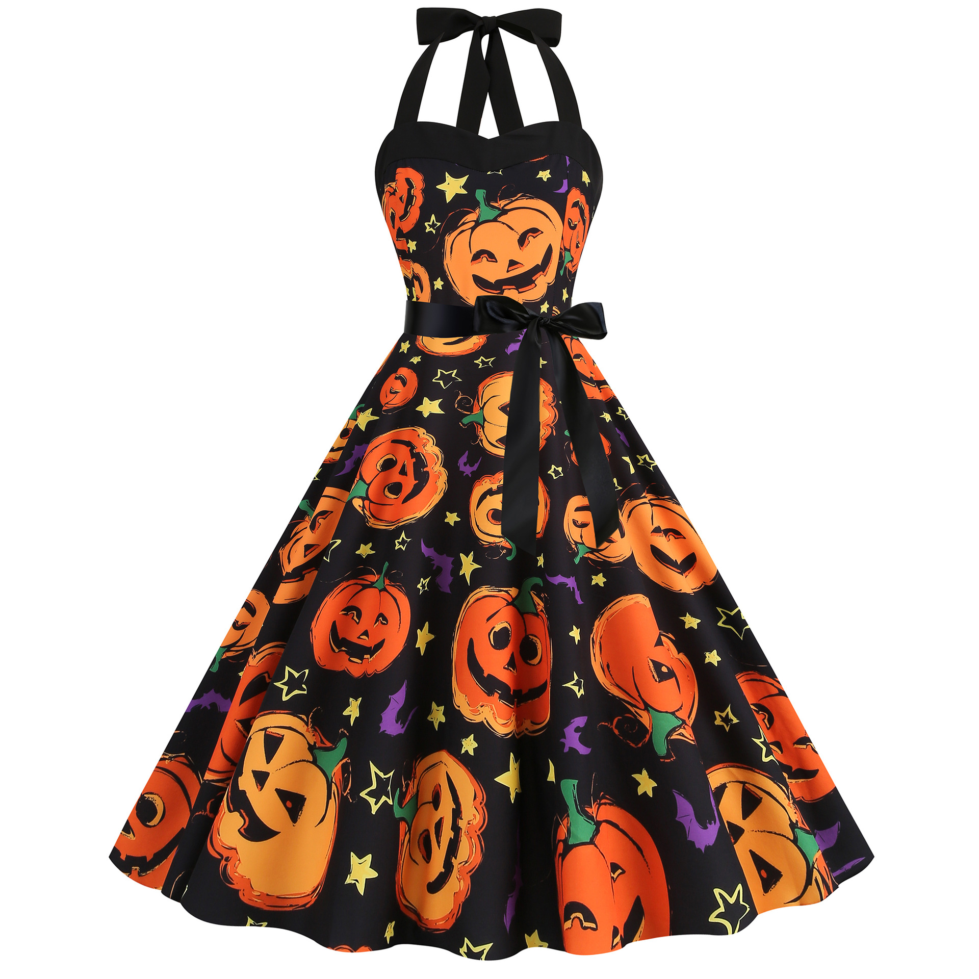 Women Sleeveless Halter Print Halloween Dresses Elegant Festival Party Costumes